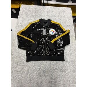 The Wild Collective Pittsburgh Steelers Sequin Ombre Bomber Jacket Black Gold M